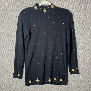 Ann Wi Womens Sweater Size Small Black‎ Wool Blend Studded Ornate Pullover Artsy